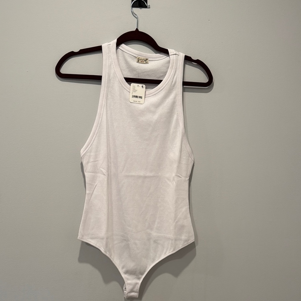 Free People Ribbed White thong body suit